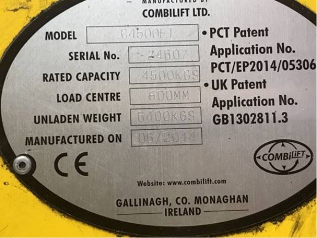 Combilift forklift rating plate