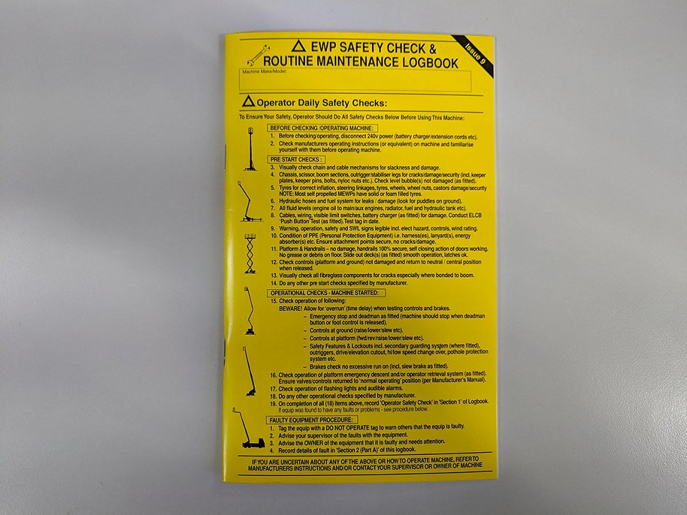 Elevating work platform maintenance logbook Elevating work platform maintenance logbook