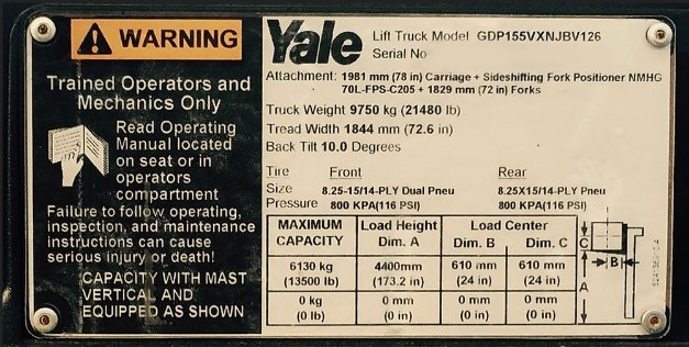 Yale forklift rating plate Yale forklift rating plate