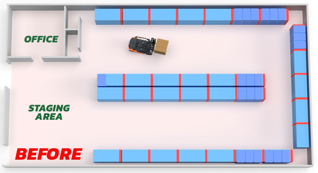 Aisle-Master warehouse storage efficiency illustration - before