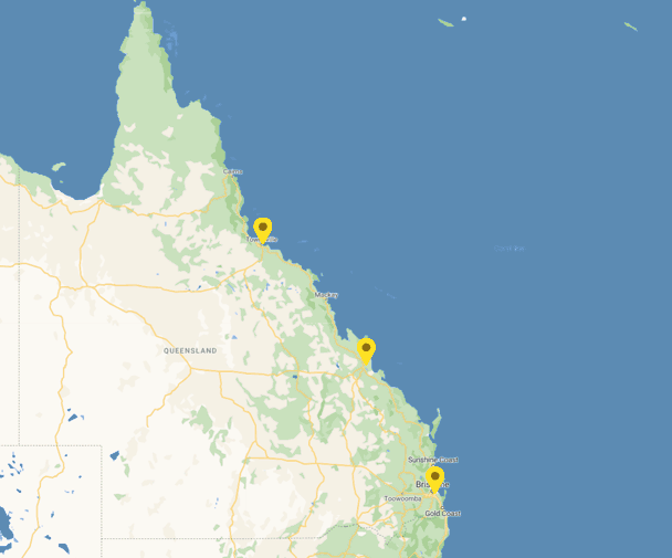 Map of Queensland showing Adaptalift branch locations