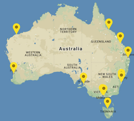 Map of Australia showing branch locations