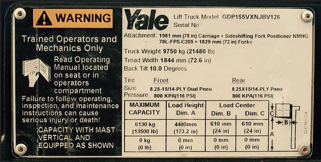 Yale forklift rating plate